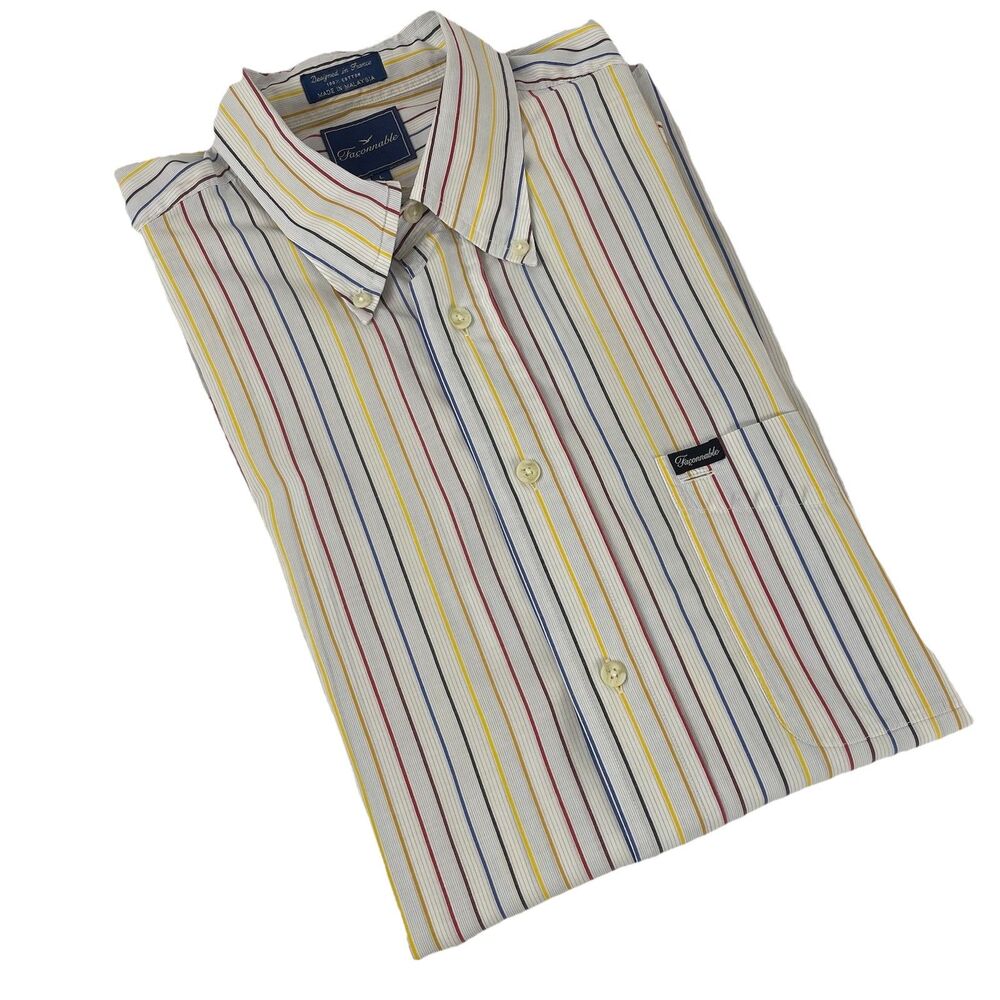 Faconnable Men’s Button Down striped Long Sleeve Rainbow- L